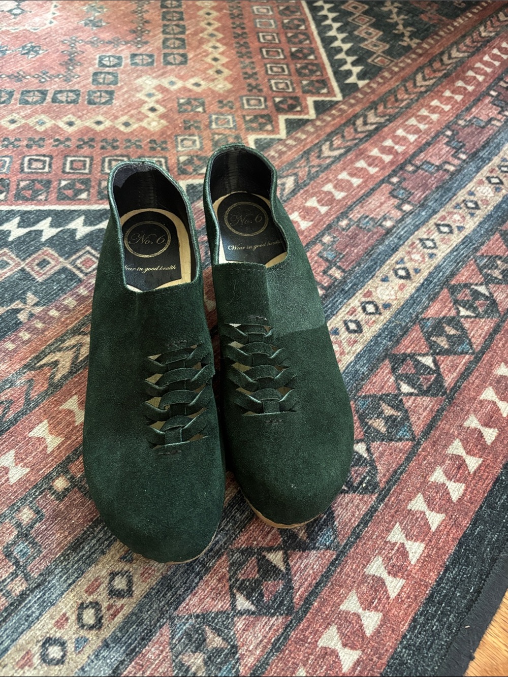 No. 6 Wedge Heel Dark Green Suede Clogs